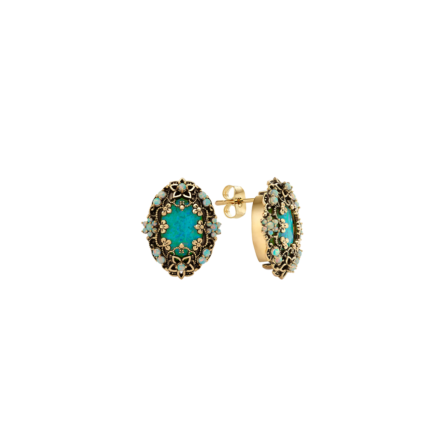 18K Gold Plated Drop Oval Earring with Synthetic Opal - Heritage