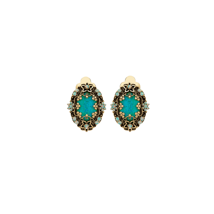 18K Gold Plated Oval Clip Earrings with Lab Opal - Heritage - 4