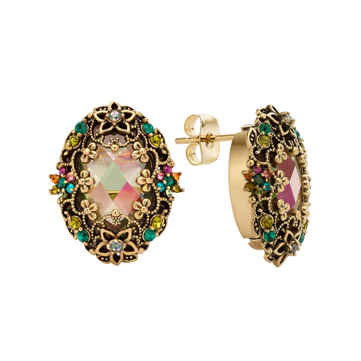 Heritage 18K Gold Plated Oval Dangle Earring with Colorful Zircons