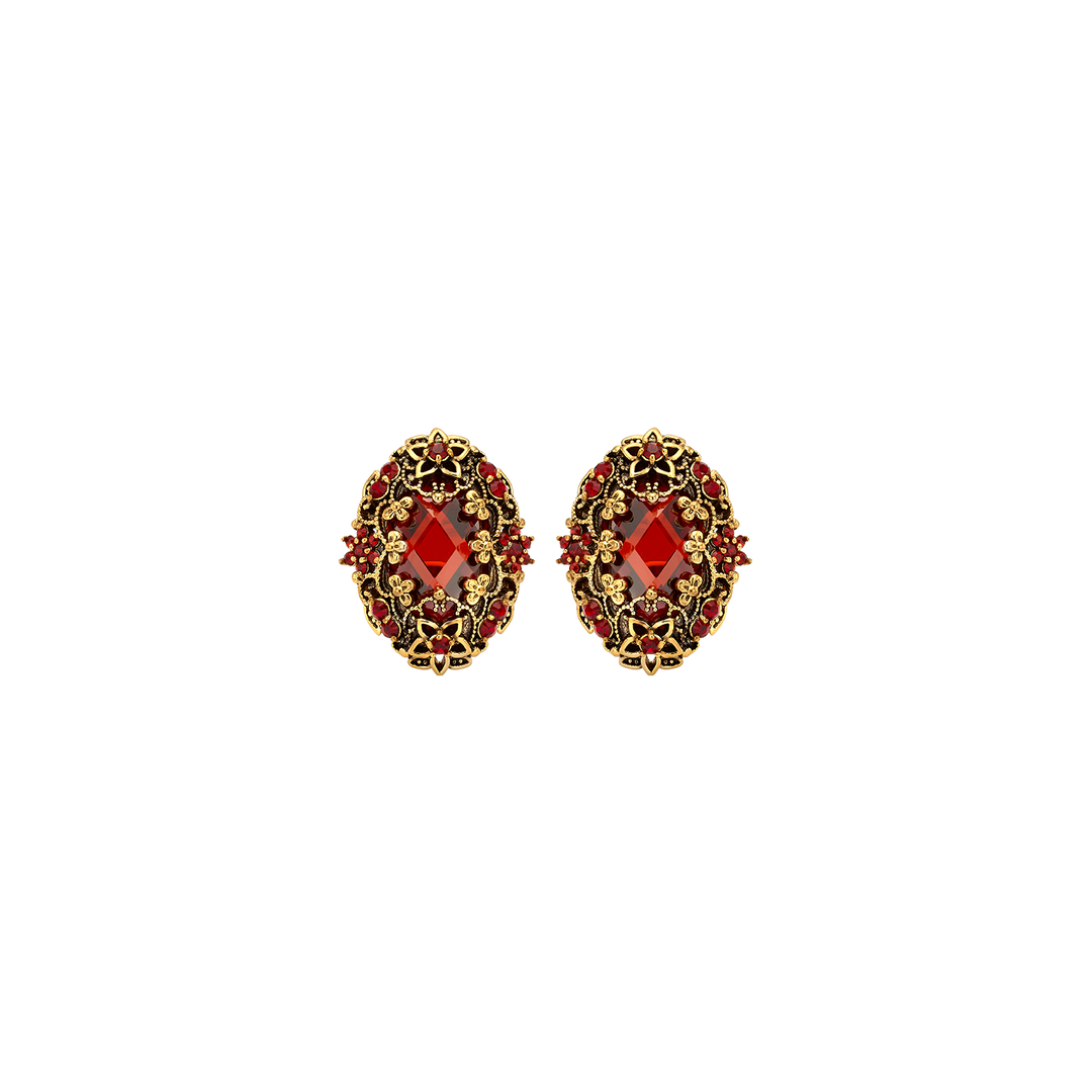 18K Gold Plated Drop Oval Earring with Red Zirconia - Heritage - 3