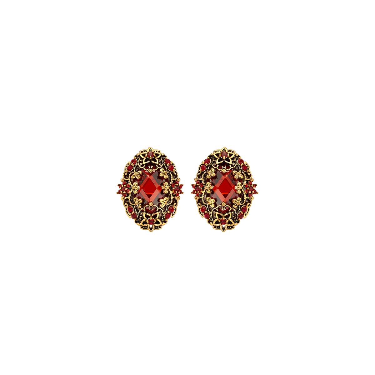 18K Gold Plated Drop Oval Earring with Red Zirconia - Heritage - 3