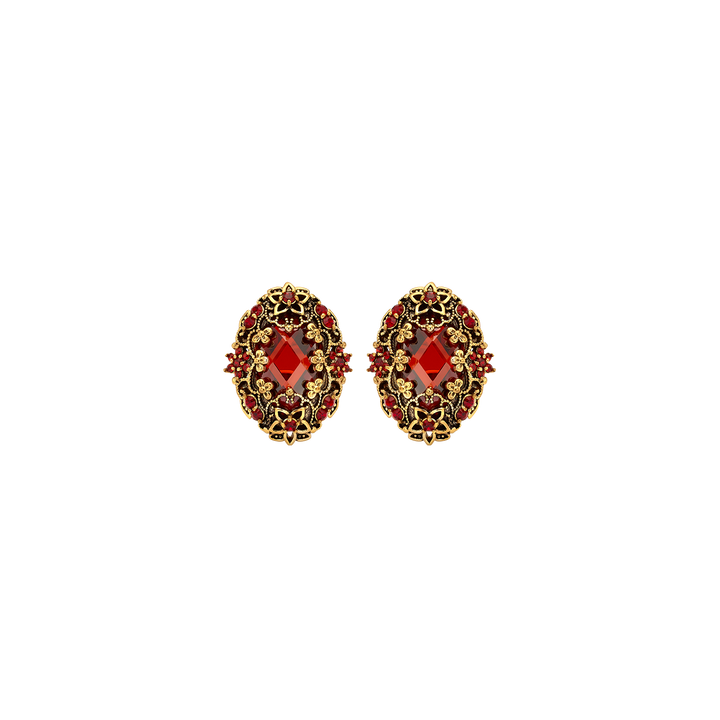 18K Gold Plated Drop Oval Earring with Red Zirconia - Heritage - 3