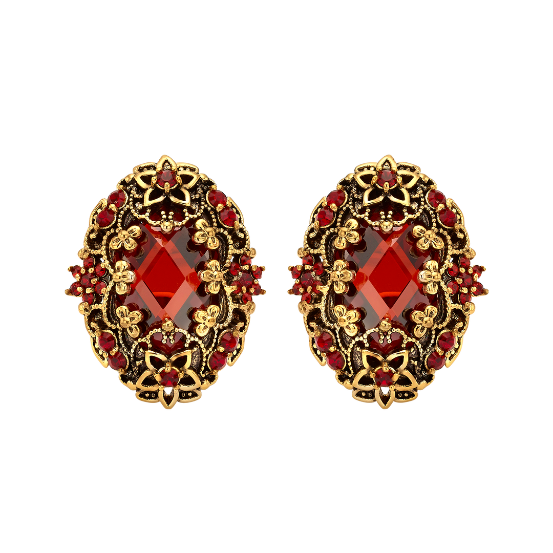 עגיל מוזהב בציפוי 18Kתלוי אובלי עם זרקונים אדומים Heritage