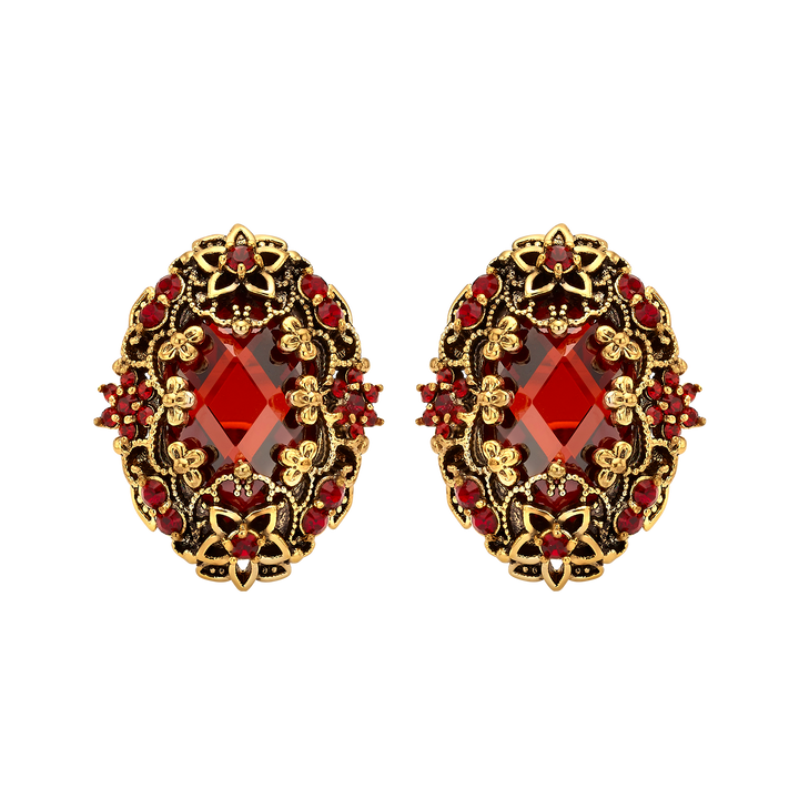 עגיל מוזהב בציפוי 18Kתלוי אובלי עם זרקונים אדומים Heritage