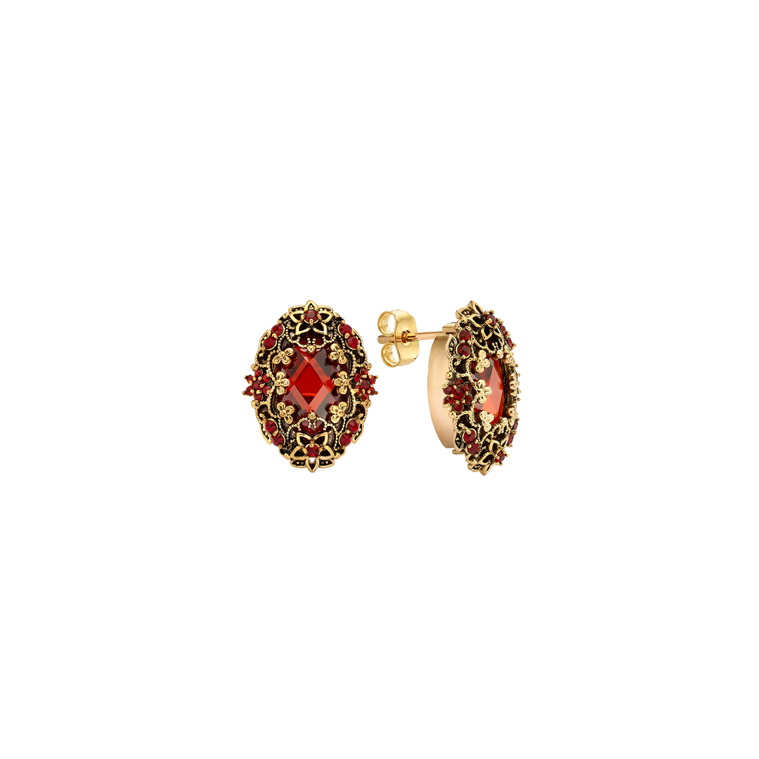 18K Gold Plated Drop Oval Earring with Red Zirconia - Heritage