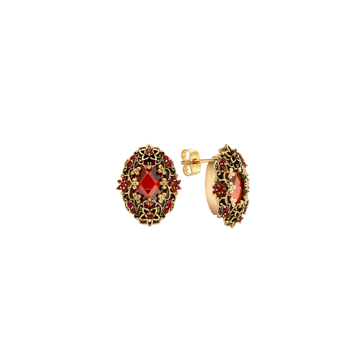 18K Gold Plated Drop Oval Earring with Red Zirconia - Heritage