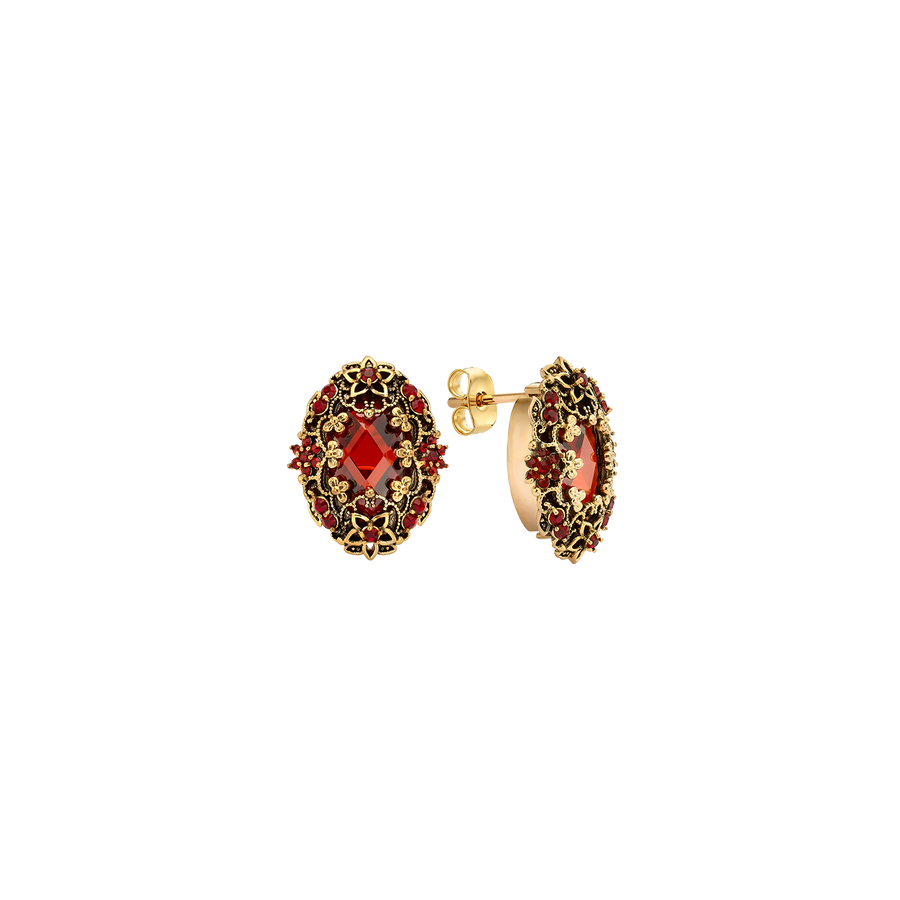18K Gold Plated Drop Oval Earring with Red Zirconia - Heritage