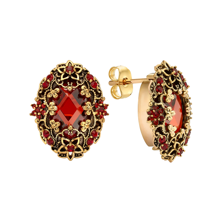 עגיל מוזהב בציפוי 18Kתלוי אובלי עם זרקונים אדומים Heritage