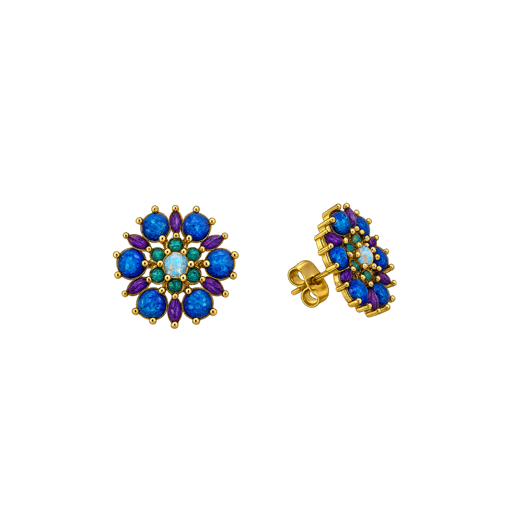 24K Gold Plated Flower Stud Earrings with Blue-Purple Lab-Created Opal - Heritage