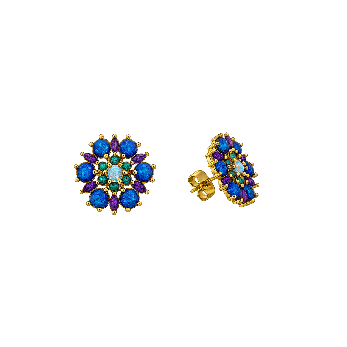 24K Gold Plated Flower Stud Earrings with Blue-Purple Lab-Created Opal - Heritage