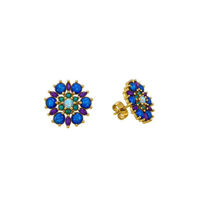 24K Gold Plated Flower Stud Earrings with Blue-Purple Lab-Created Opal - Heritage