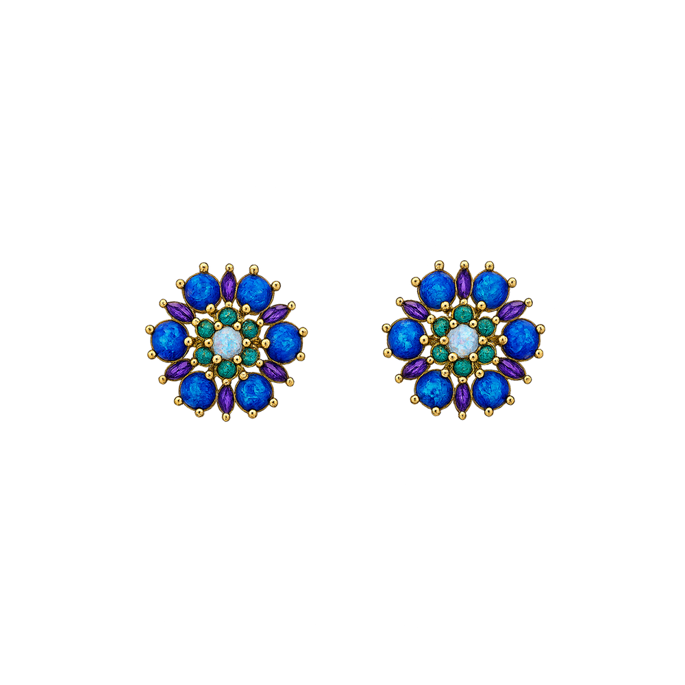 24K Gold Plated Flower Stud Earrings with Blue-Purple Lab-Created Opal - Heritage - 2