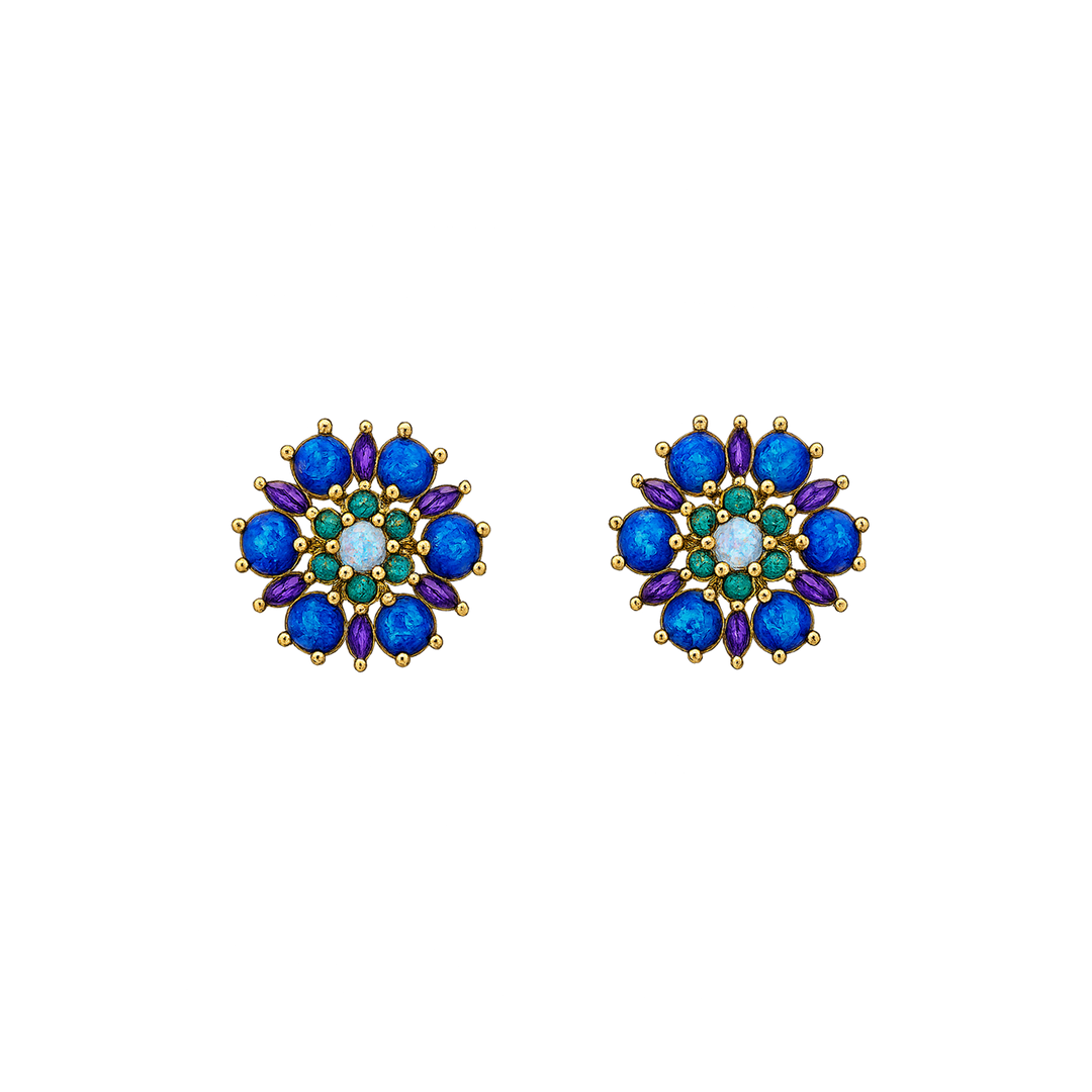 24K Gold Plated Flower Stud Earrings with Blue-Purple Lab-Created Opal - Heritage - 2