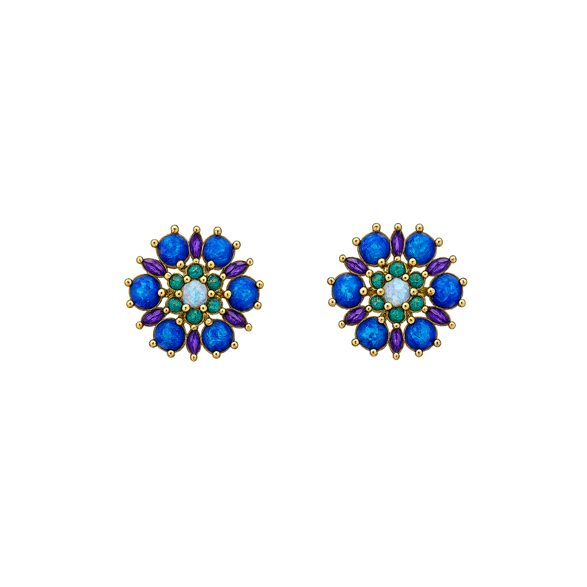 24K Gold Plated Flower Stud Earrings with Blue-Purple Lab-Created Opal - Heritage - 2