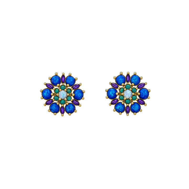 24K Gold Plated Flower Stud Earrings with Blue-Purple Lab-Created Opal - Heritage - 2