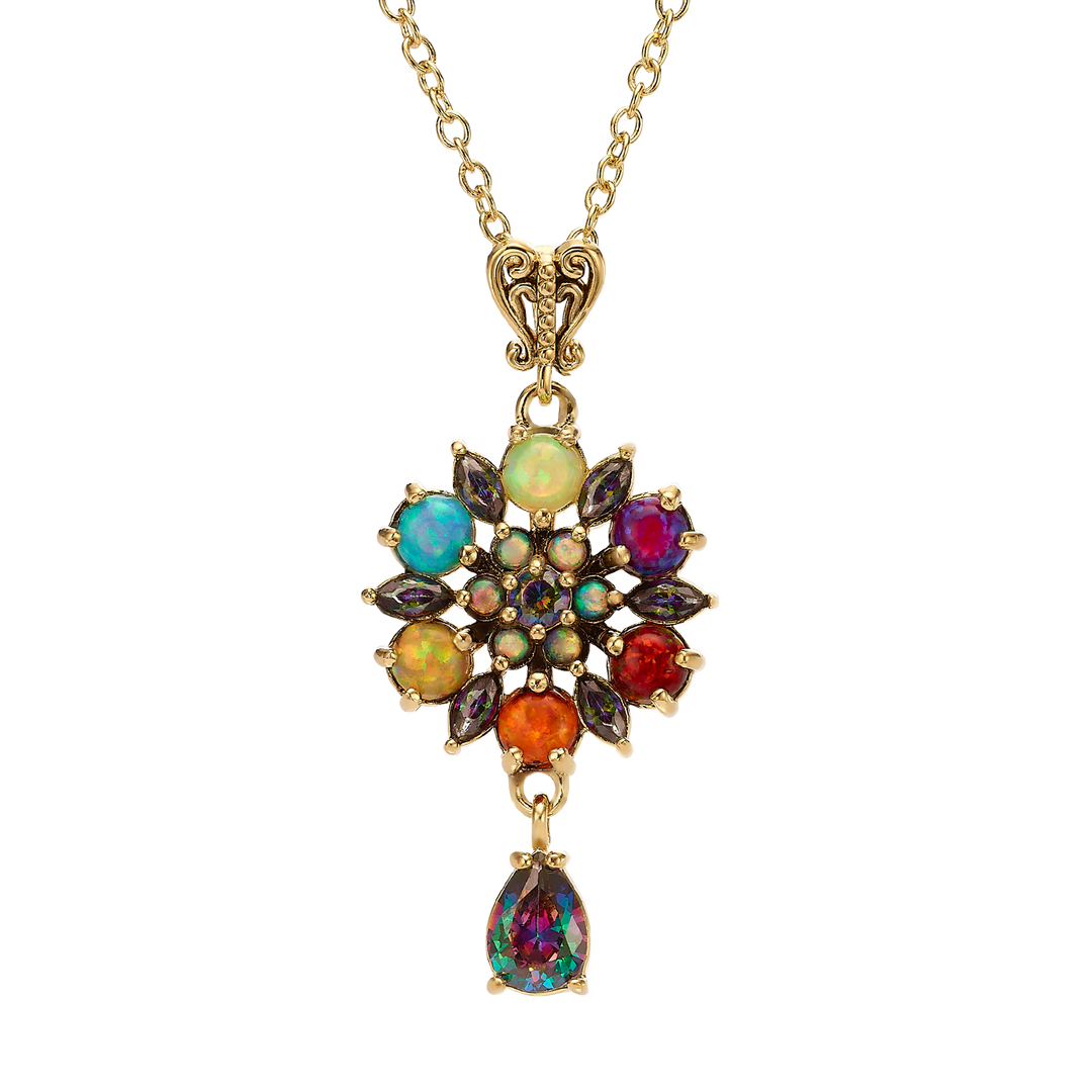24K Gold Plated Flower Necklace with Multicolor Lab-Created Opal - Heritage