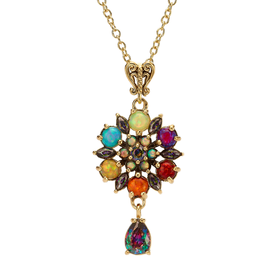 24K Gold Plated Flower Necklace with Multicolor Lab-Created Opal - Heritage