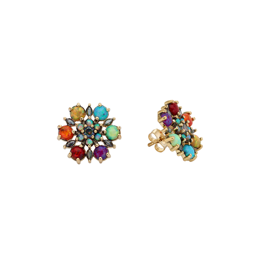 24K Gold Plated Flower Stud Earrings with Multicolor Lab-Created Opal - Heritage