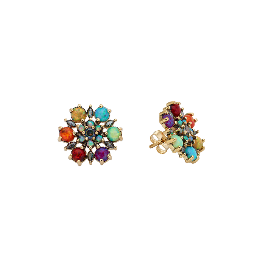24K Gold Plated Flower Stud Earrings with Multicolor Lab-Created Opal - Heritage