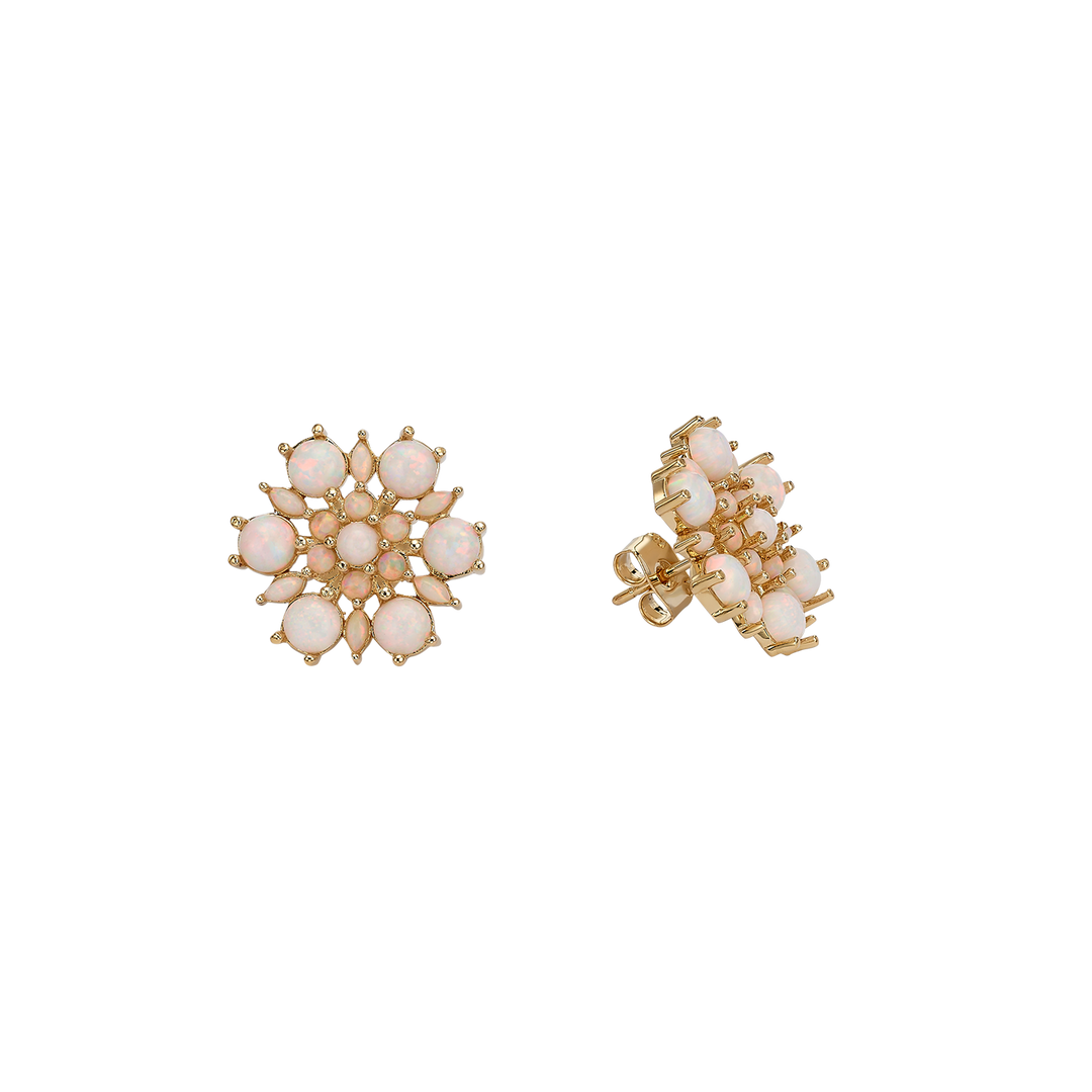 24K Gold Plated Flower Stud Earrings with White Lab Opal - Heritage