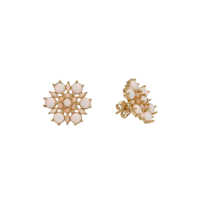 24K Gold Plated Flower Stud Earrings with White Lab Opal - Heritage