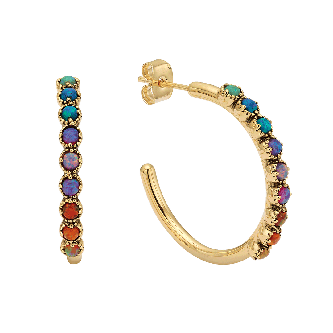 18K Gold Plated Hoop Earring with Lab-Created Opal - Botanic