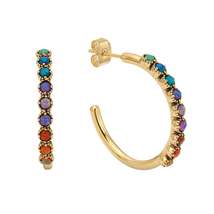 18K Gold Plated Hoop Earring with Lab-Created Opal - Botanic