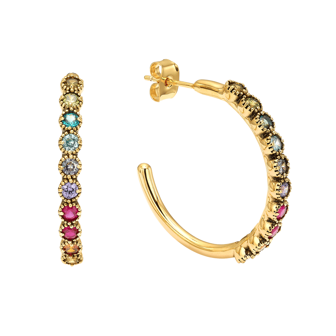 18K Gold Plated Hoop Earrings with Multicolor Swarovski Crystals - Botanic