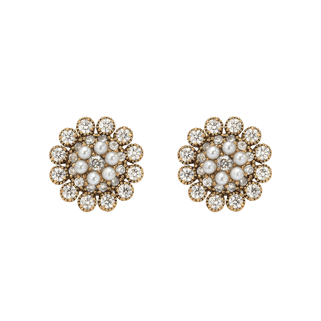 18K Vintage Gold Plated Flower Earrings with Clear Crystal - Élite