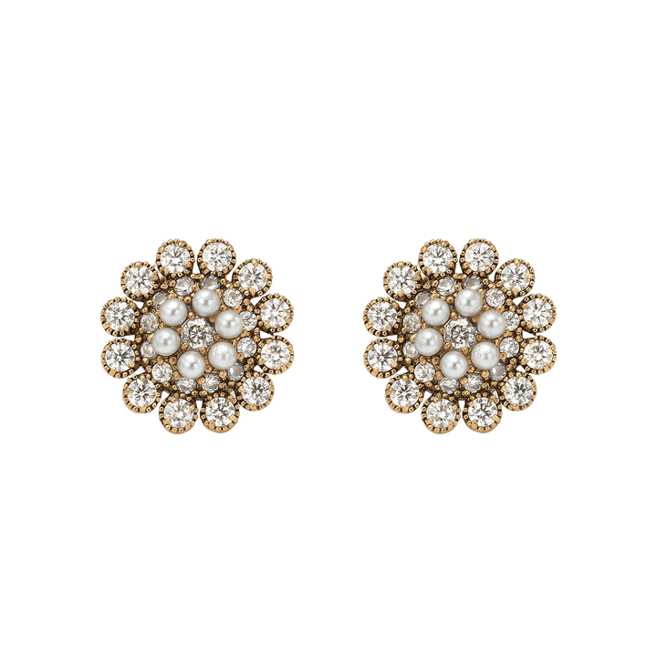 18K Vintage Gold Plated Flower Earrings with Clear Crystal - Élite