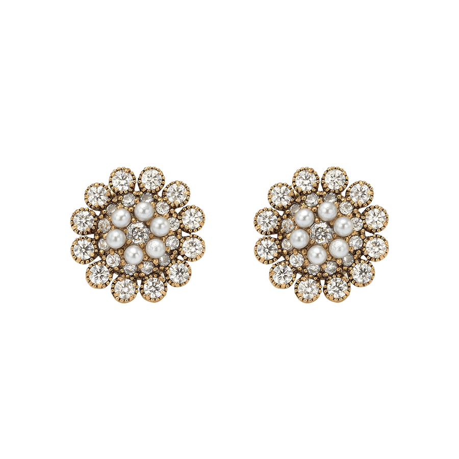 18K Vintage Gold Plated Flower Earrings with Clear Crystal - Élite