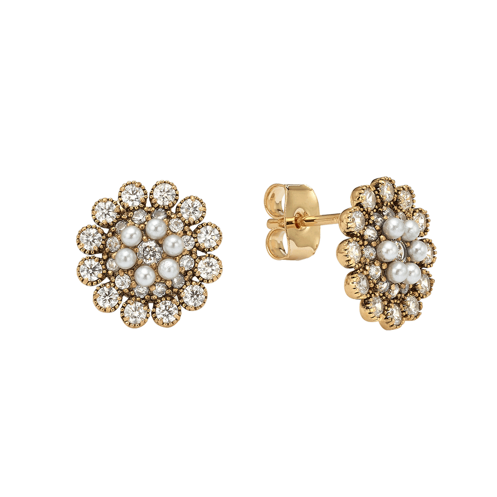 18K Vintage Gold Plated Flower Earrings with Clear Crystal - Élite - 2