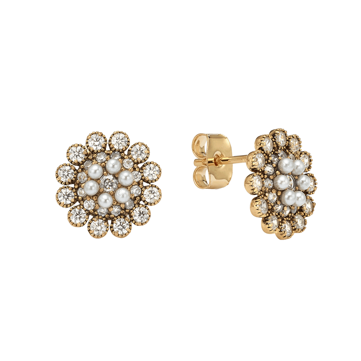 18K Vintage Gold Plated Flower Earrings with Clear Crystal - Élite - 2