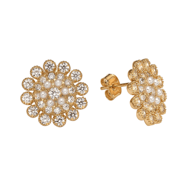 18K Gold Plated Flower Earrings with Clear Crystal - Élite - 2