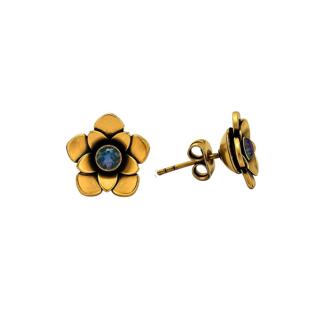 23K Gold Plated Flower Stud Earrings with Multicolor Zirconia - Bloom - 2