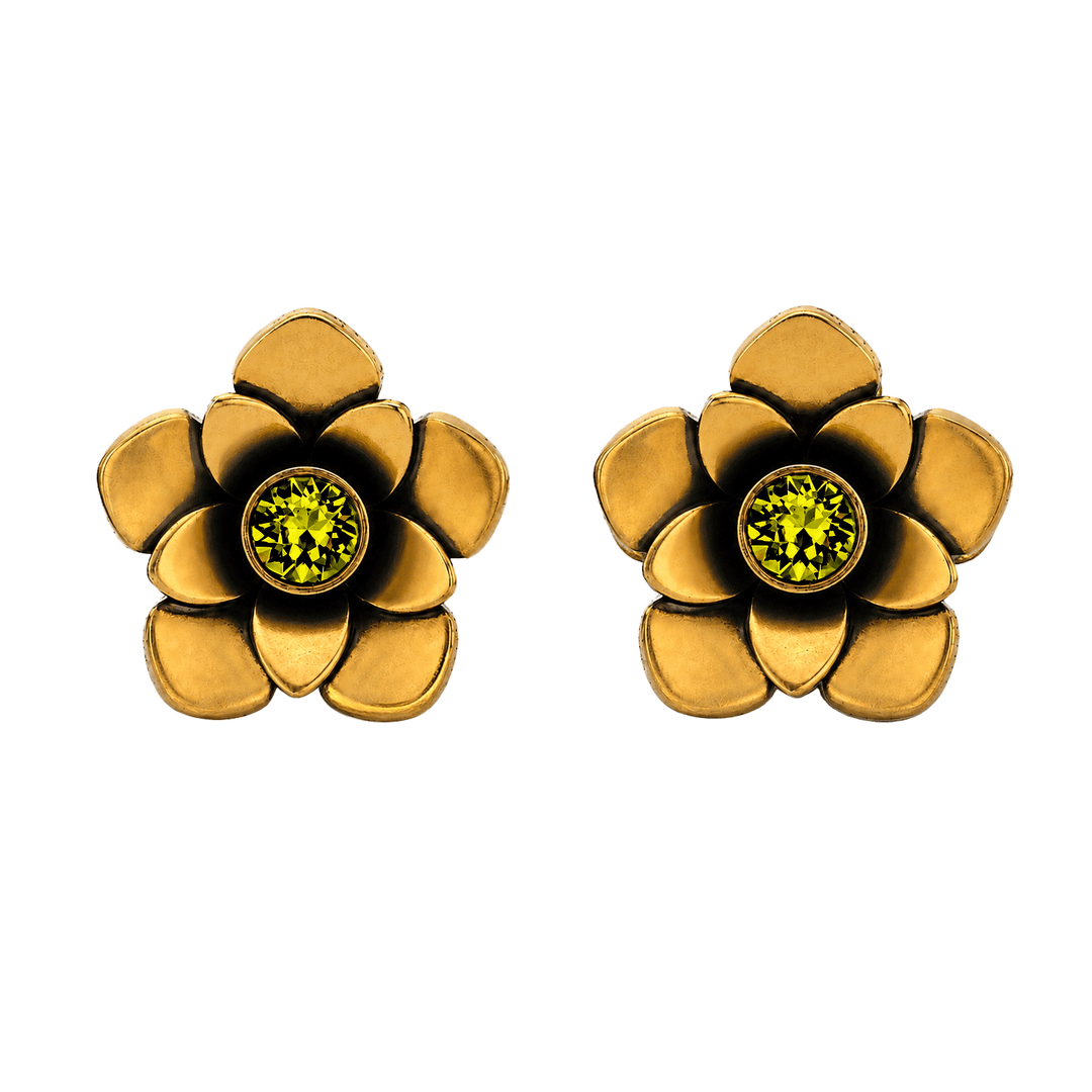 23K Gold Plated Flower Stud Earrings with Green Swarovski Crystals - Bloom - 3