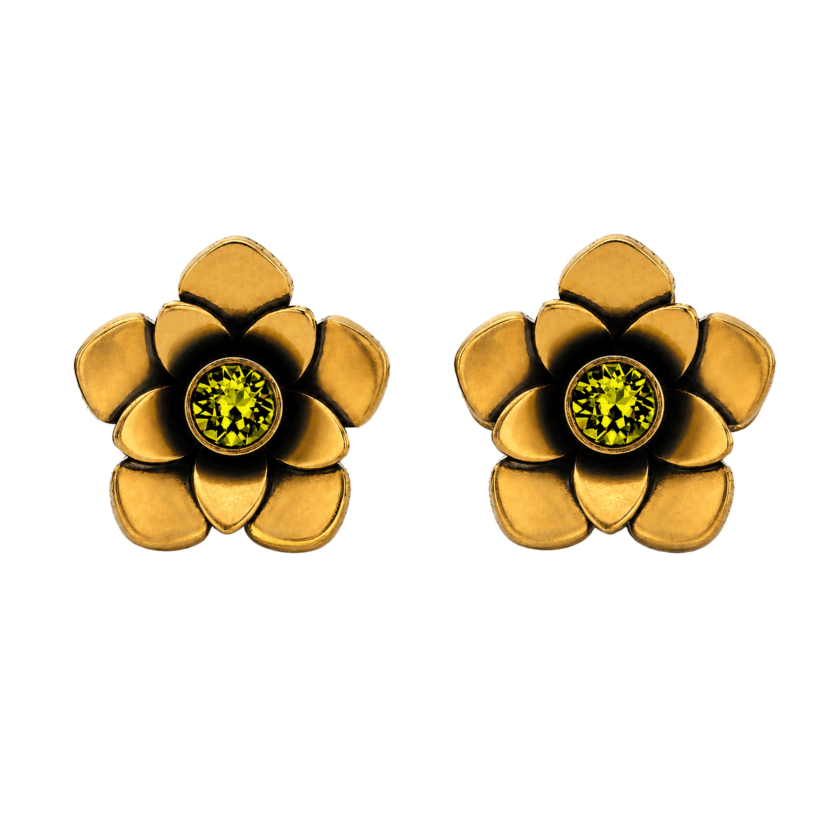 23K Gold Plated Flower Stud Earrings with Green Swarovski Crystals - Bloom - 3
