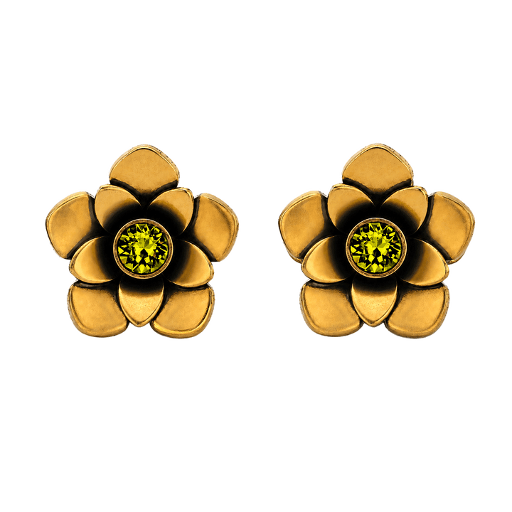 23K Gold Plated Flower Stud Earrings with Green Swarovski Crystals - Bloom - 3