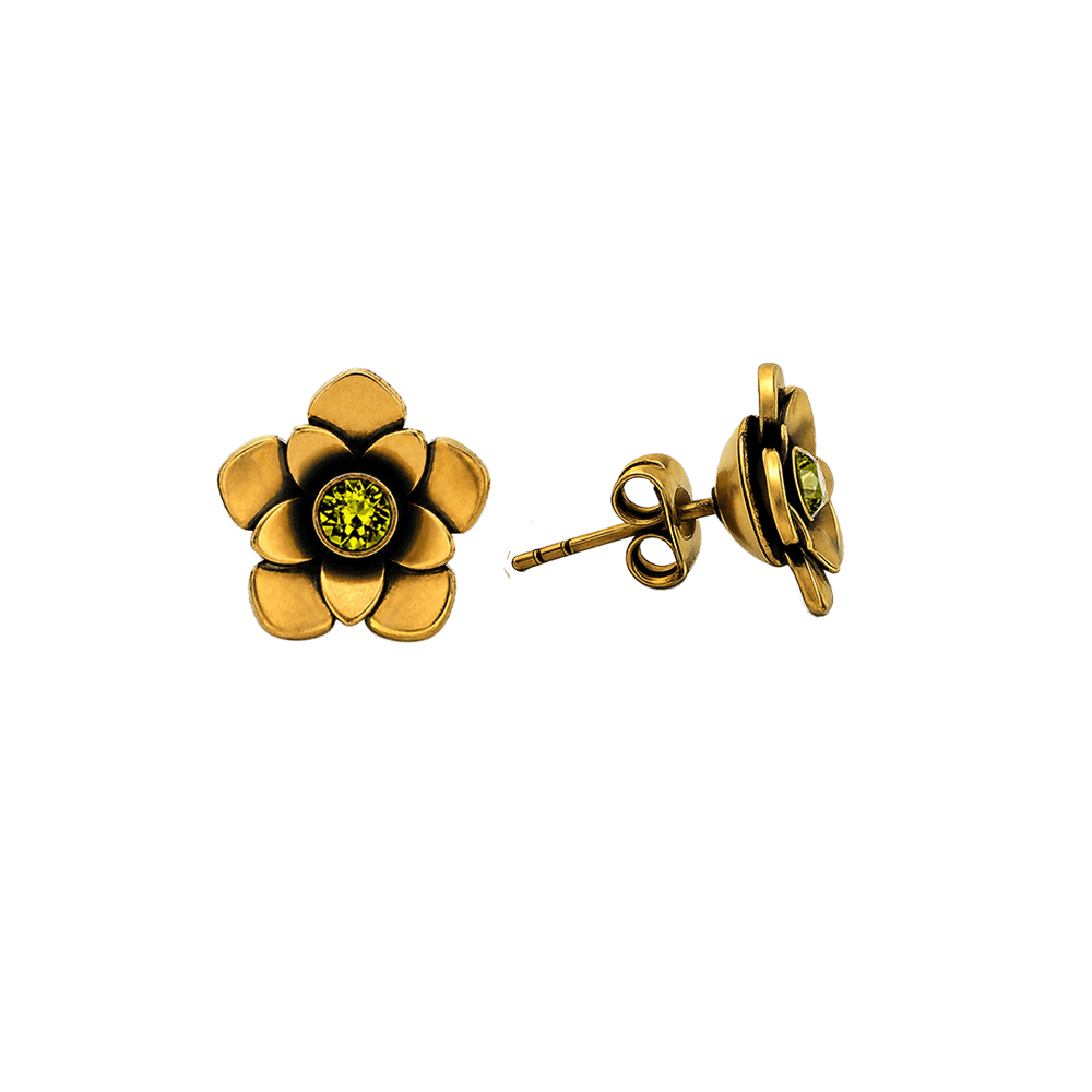 23K Gold Plated Flower Stud Earrings with Green Swarovski Crystals - Bloom - 2