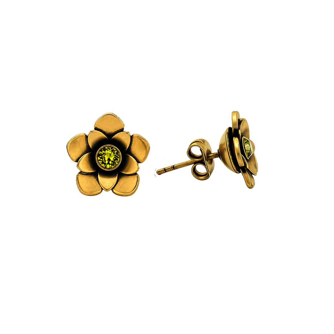 23K Gold Plated Flower Stud Earrings with Green Swarovski Crystals - Bloom - 2