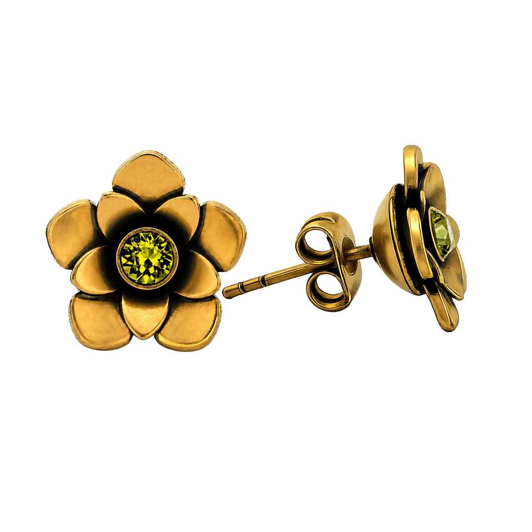 23K Gold Plated Flower Stud Earrings with Green Swarovski Crystals - Bloom - 4