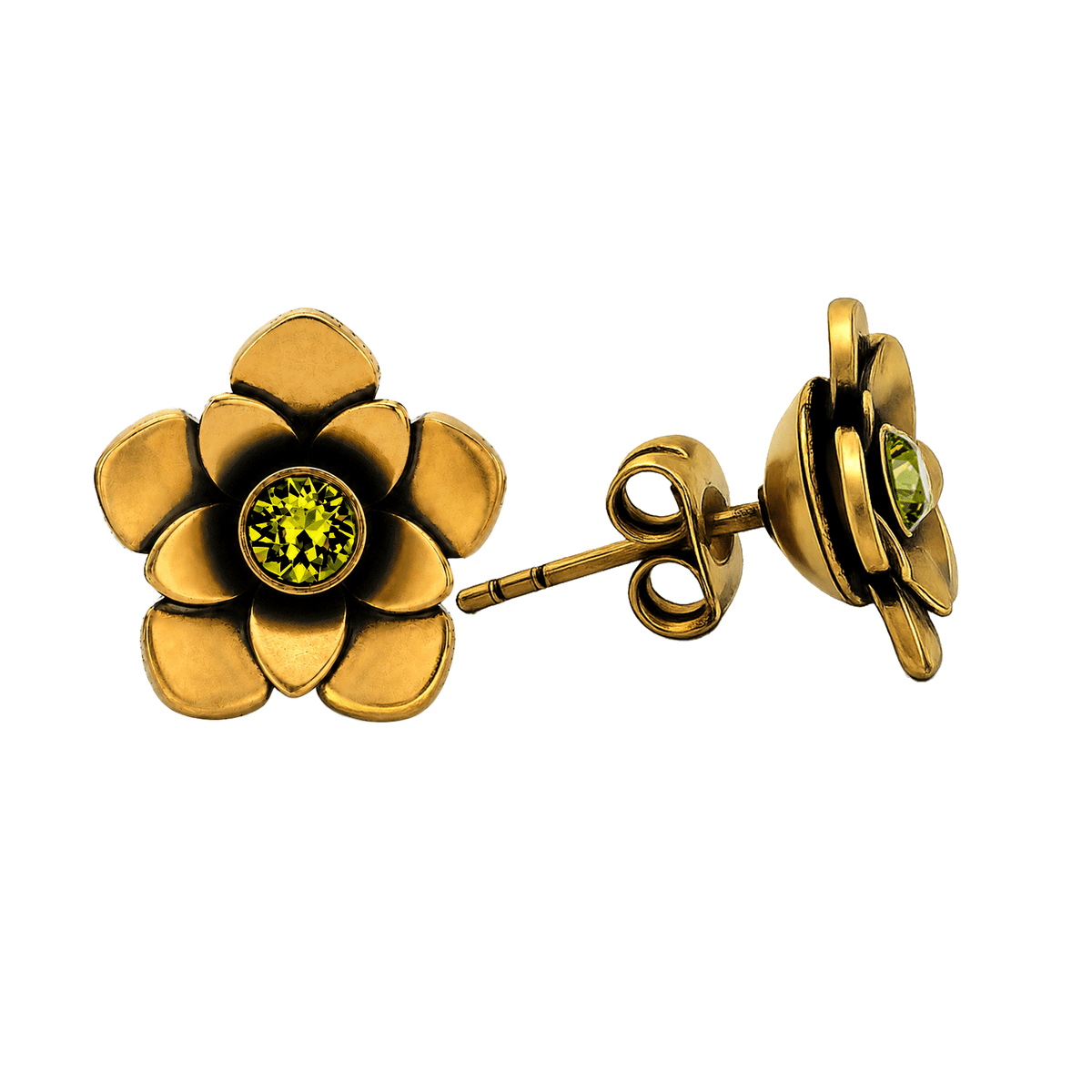 23K Gold Plated Flower Stud Earrings with Green Swarovski Crystals - Bloom - 4