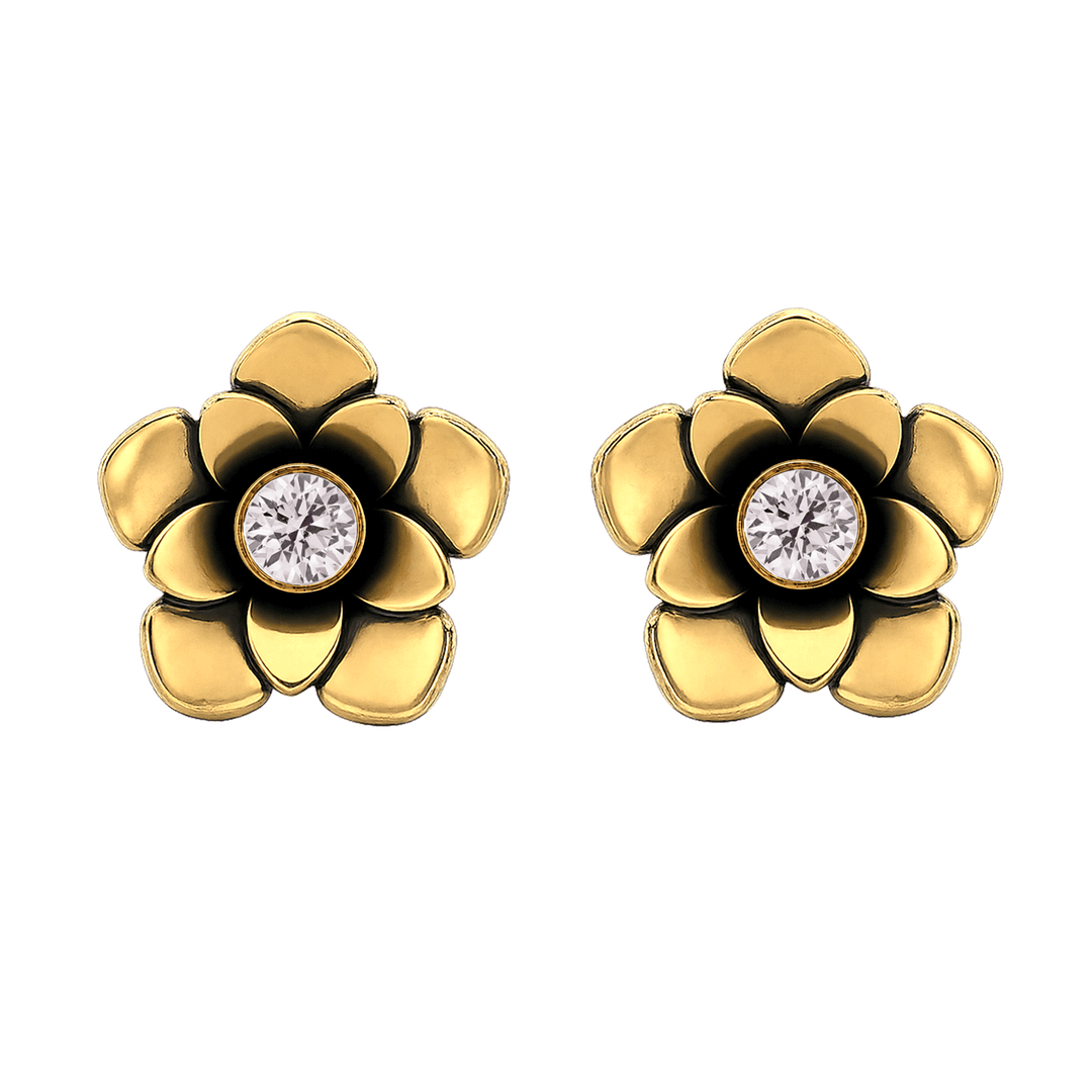 23K Gold Plated Flower Stud Earrings with Clear Multicolor Swarovski Crystals - Bloom - 3
