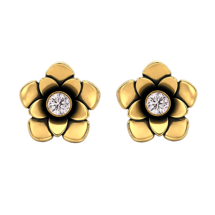 23K Gold Plated Flower Stud Earrings with Clear Multicolor Swarovski Crystals - Bloom - 3