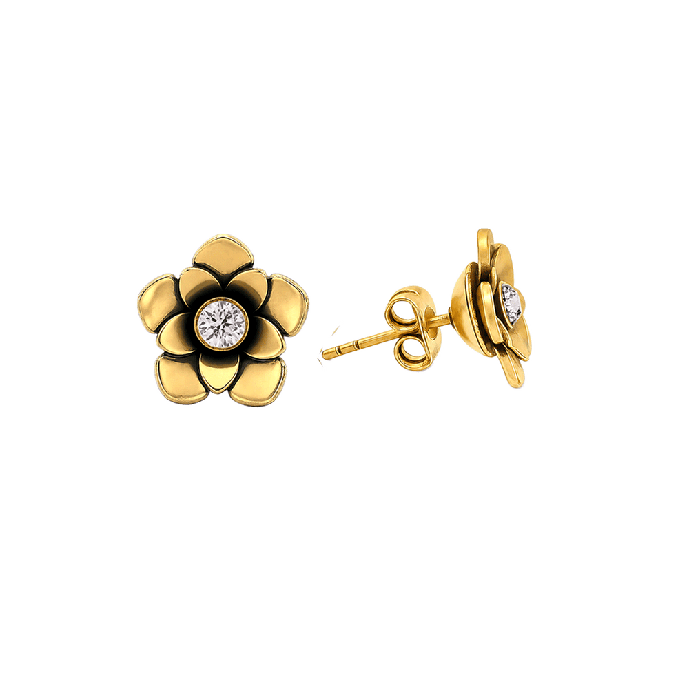23K Gold Plated Flower Stud Earrings with Clear Multicolor Swarovski Crystals - Bloom - 2