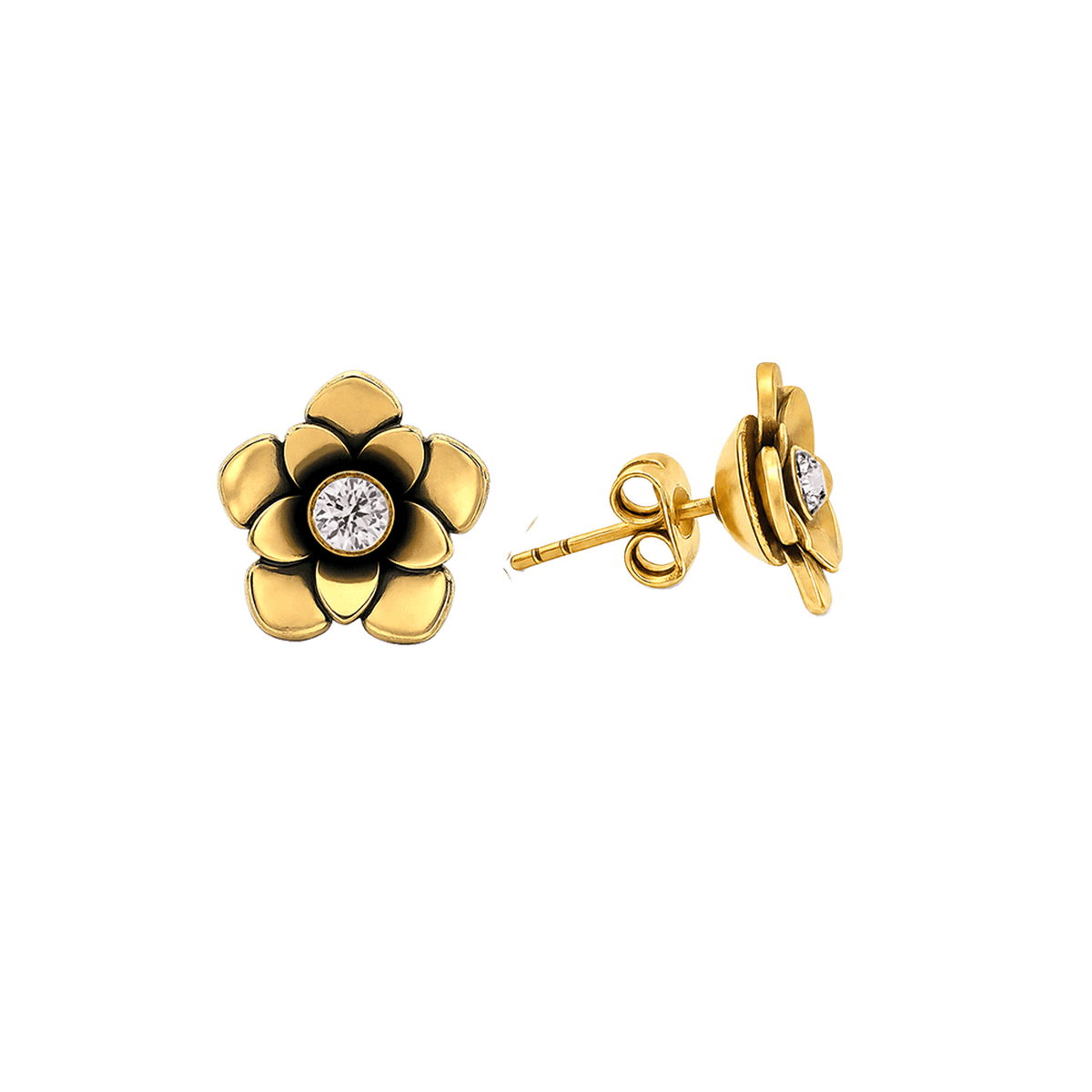 23K Gold Plated Flower Stud Earrings with Clear Multicolor Swarovski Crystals - Bloom - 2
