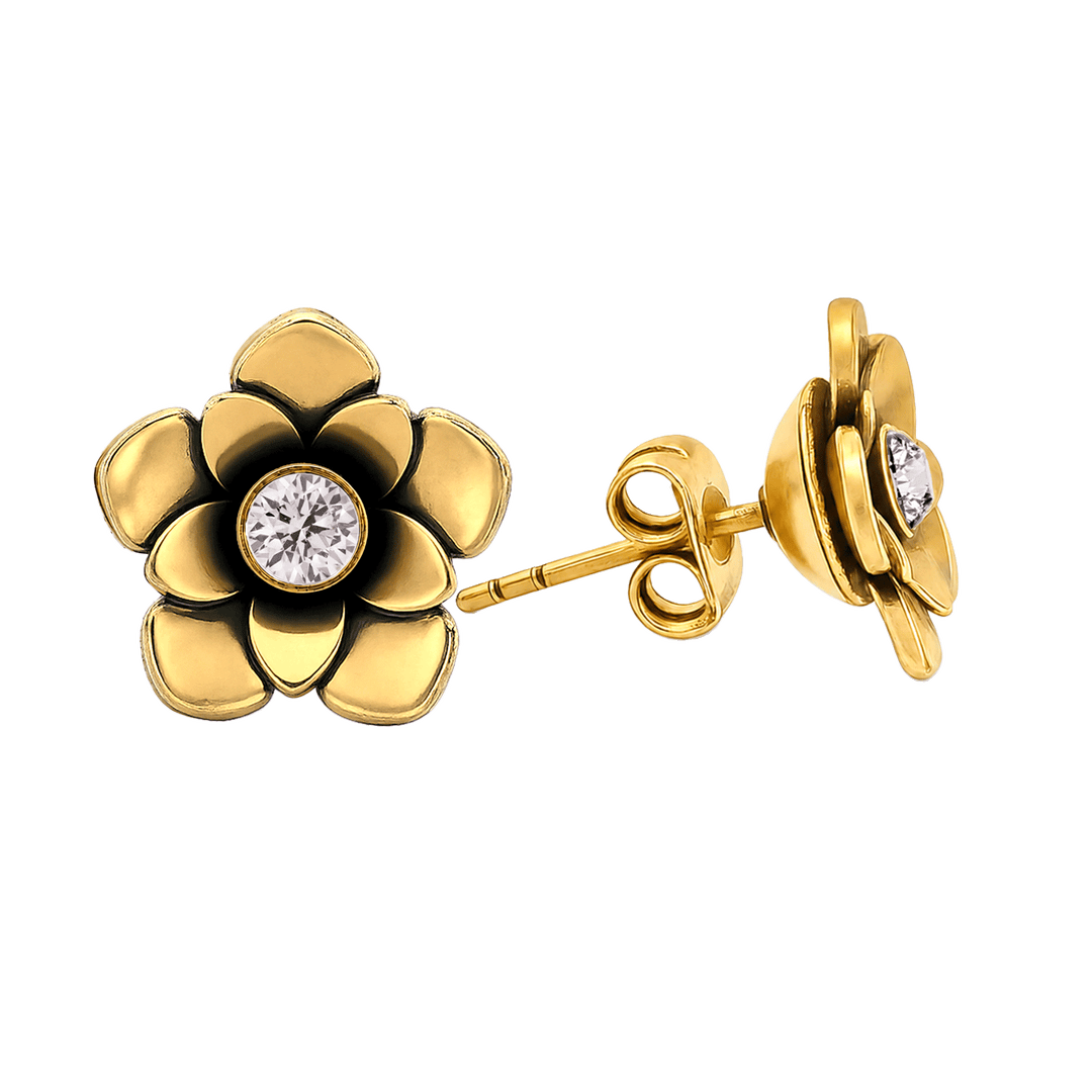 23K Gold Plated Flower Stud Earrings with Clear Multicolor Swarovski Crystals - Bloom - 4