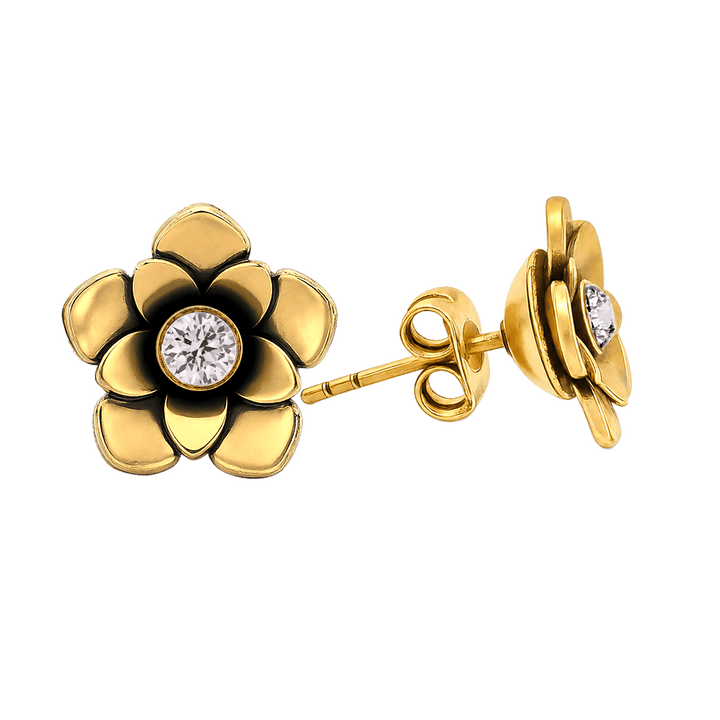 23K Gold Plated Flower Stud Earrings with Clear Multicolor Swarovski Crystals - Bloom - 4