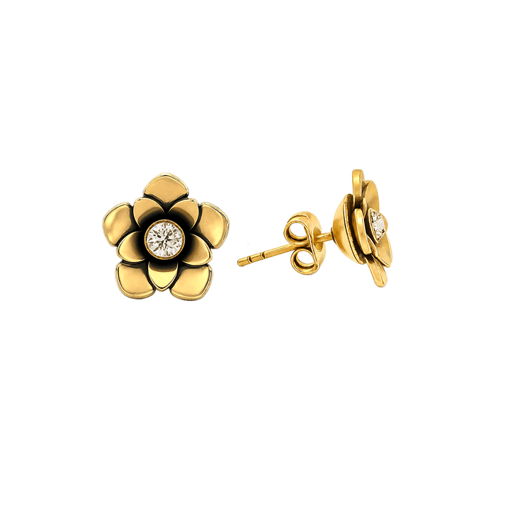 23K Gold Plated Flower Stud Earrings with Clear Swarovski Crystals - Bloom - 2