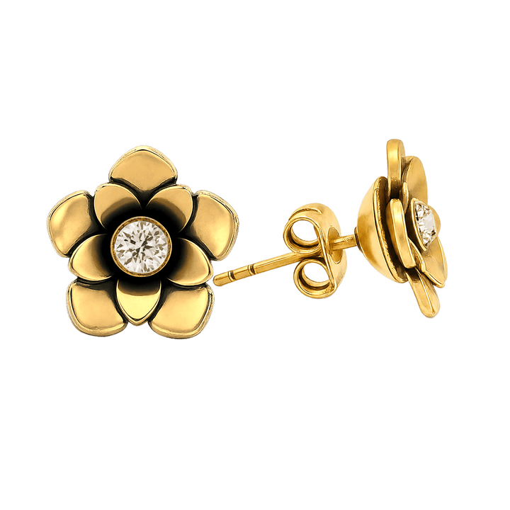 23K Gold Plated Flower Stud Earrings with Clear Swarovski Crystals - Bloom - 3
